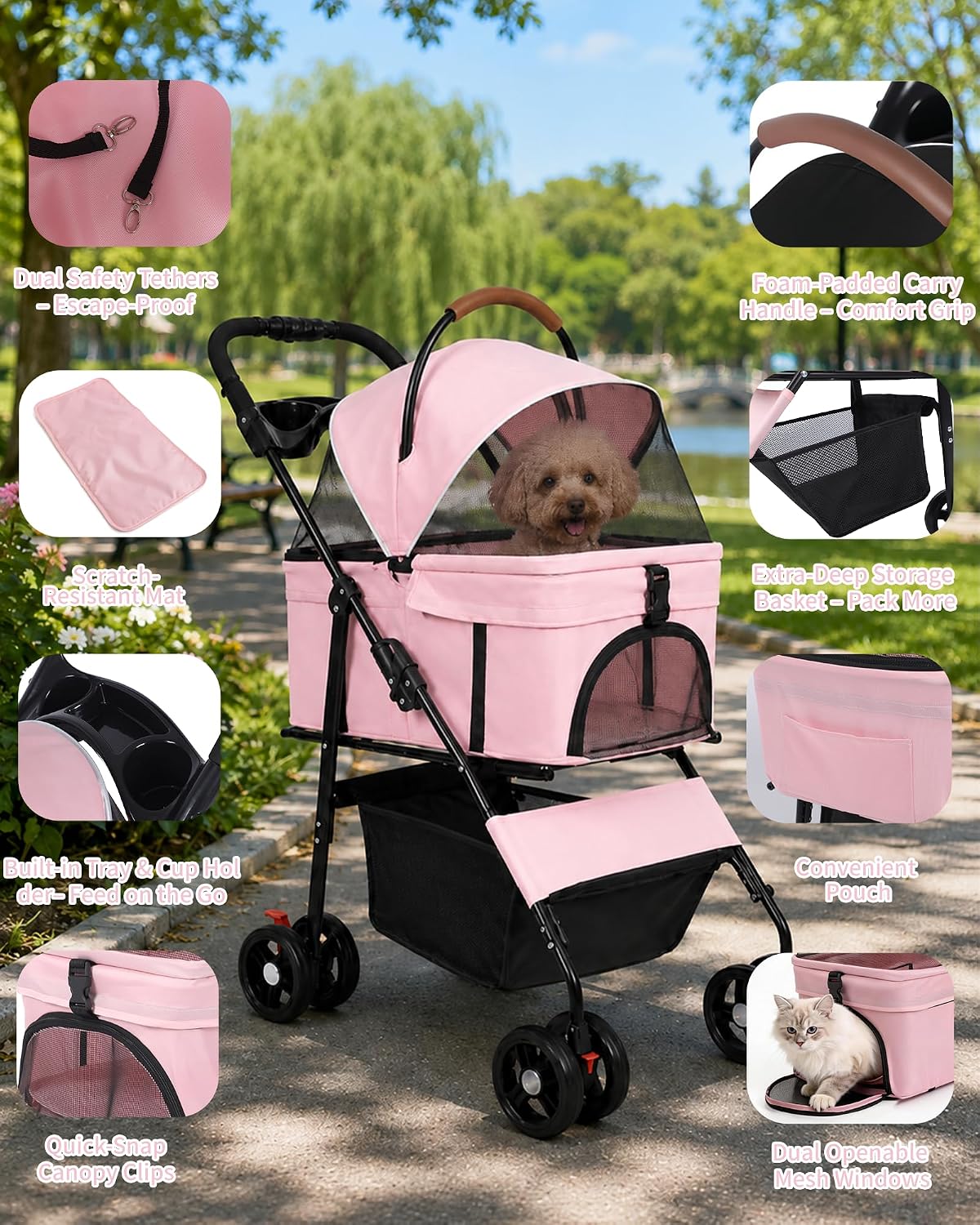 pet stroller, 3 in1 foldable dog cat stroller showing dimensions