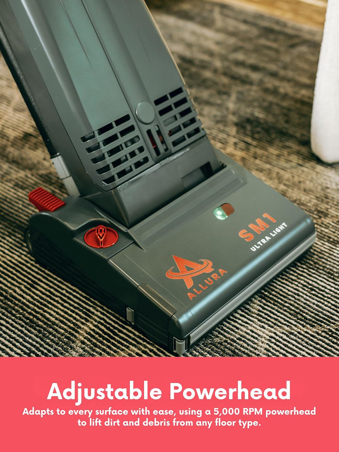 allura upright corded vacuum sm1, hospital-grade hepa filtration showing dimensions