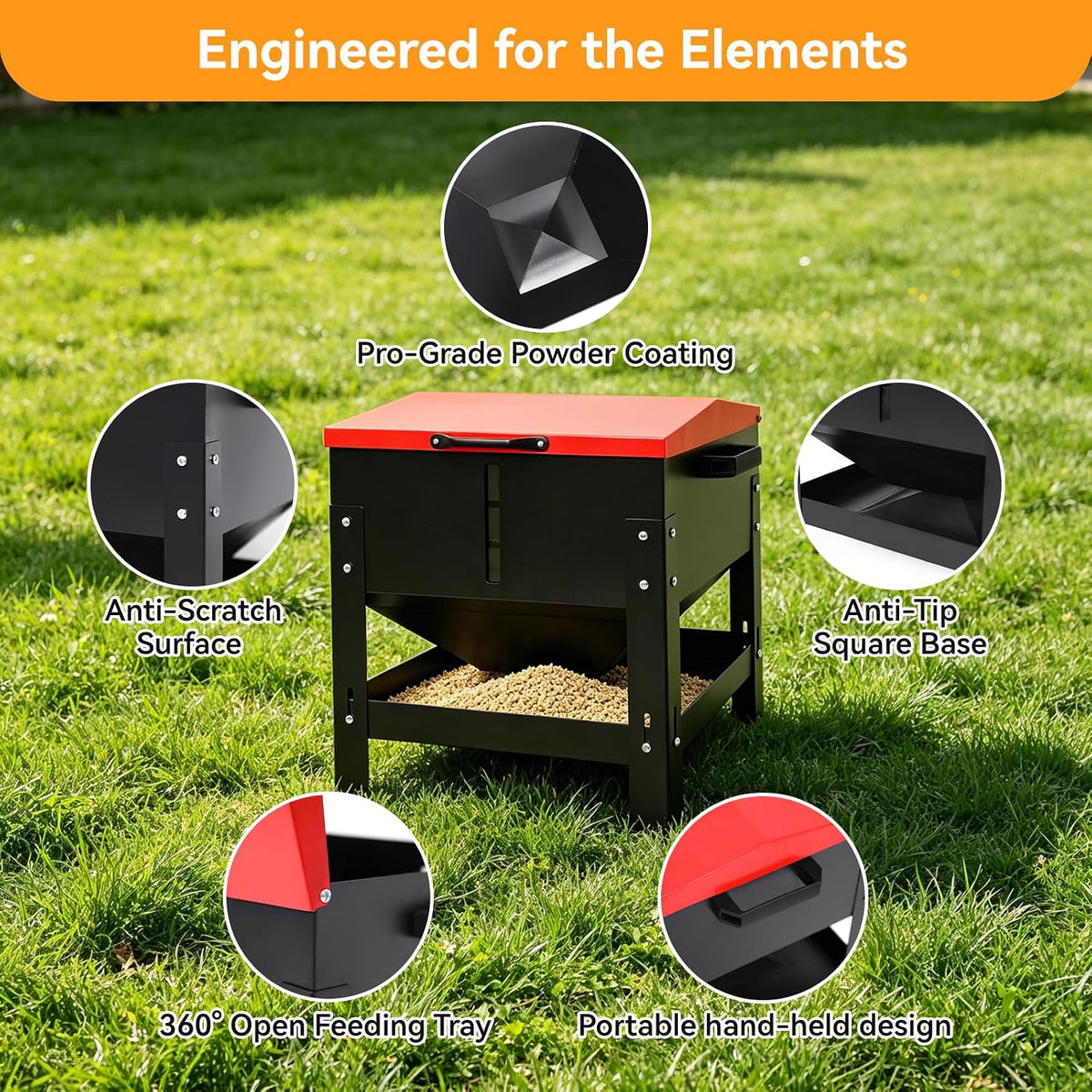 metal chicken feeder 80 lbs large capacity, automatic, close-up detail