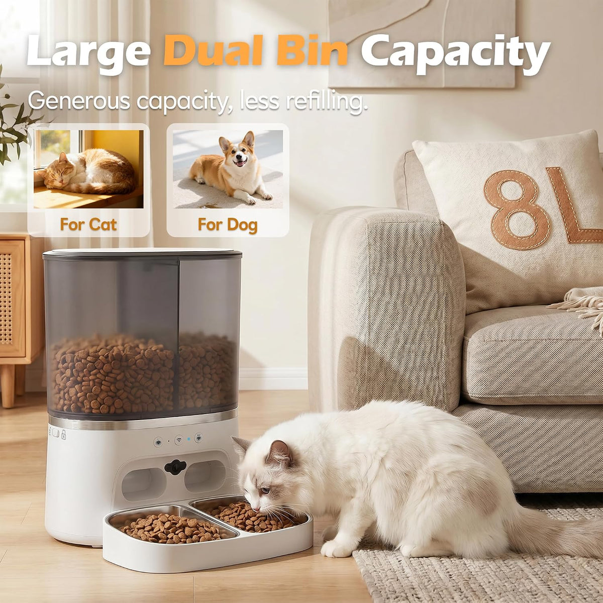 automatic cat feeder with camera, automatic dog feeder showing dimensions