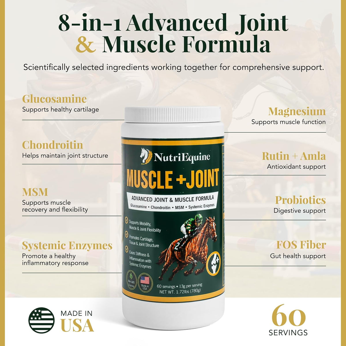 horse joint supplement powder, glucosamine, chondroitin & msm shown in use
