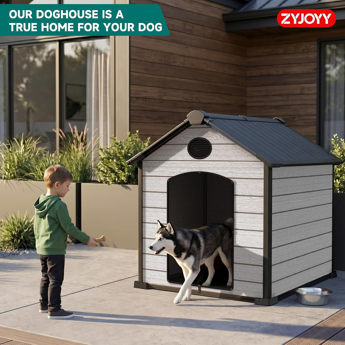 57" large dog house outdoor indoor, dog house, front angle view