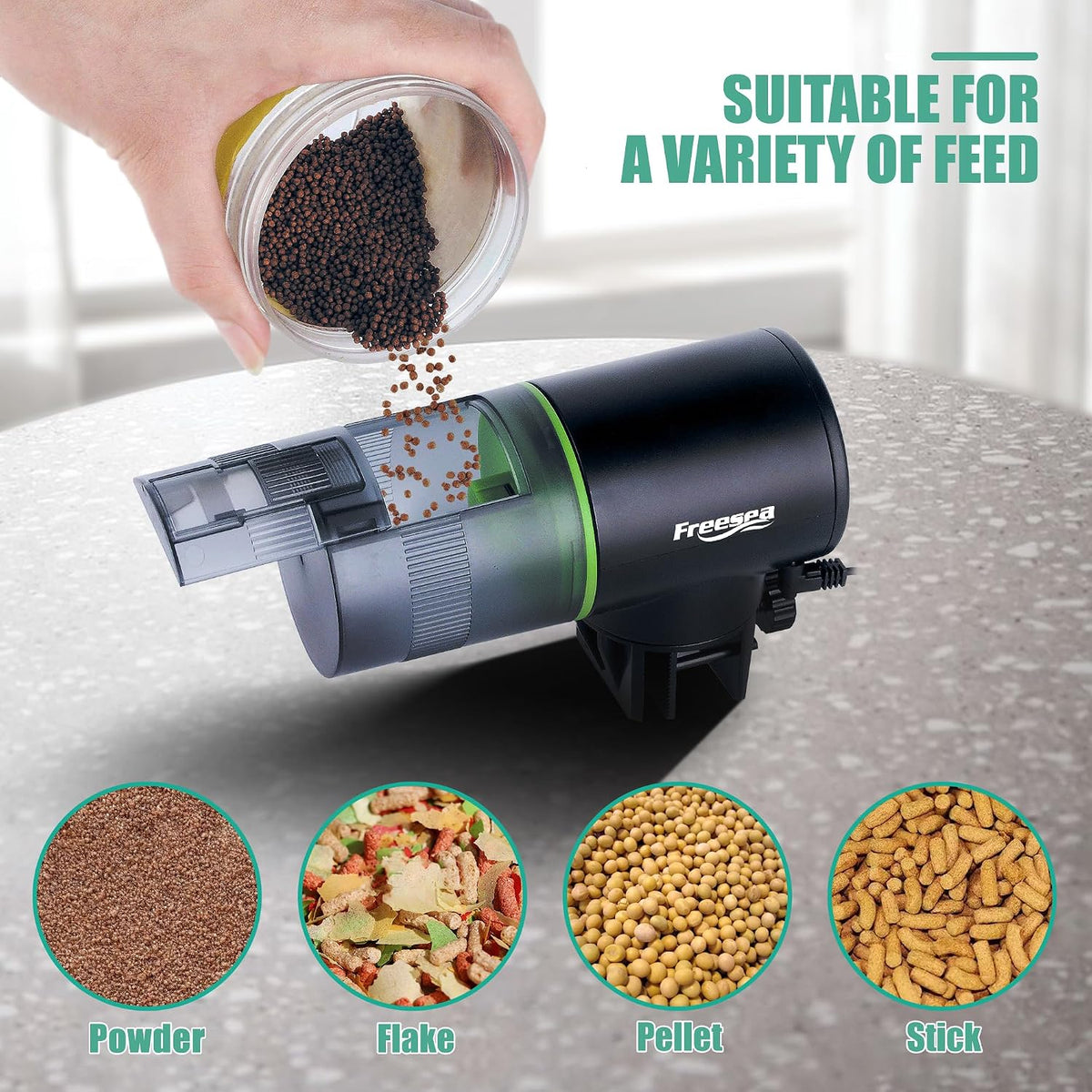 freesea aquarium automatic fish feeder: programmable dispenser showing dimensions