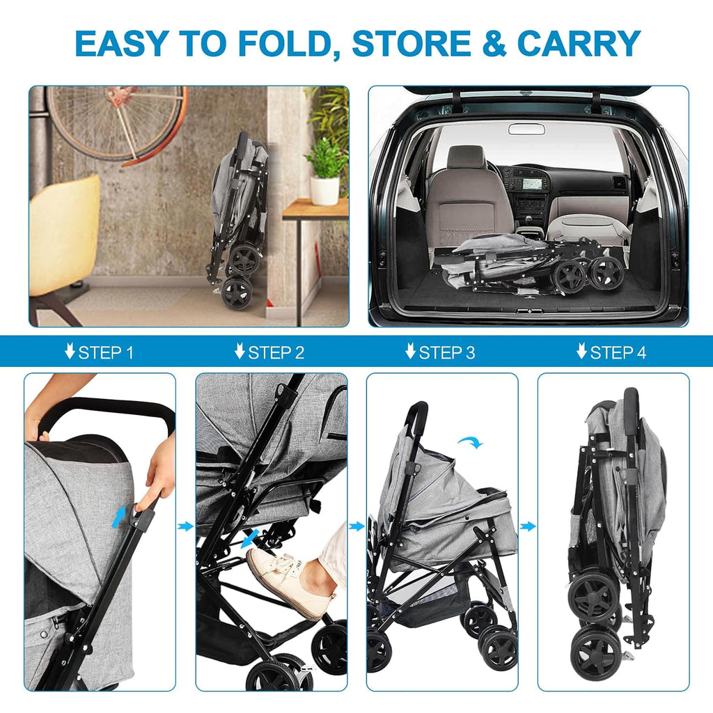 pet stroller with reversible handle for dogs, up showing dimensions
