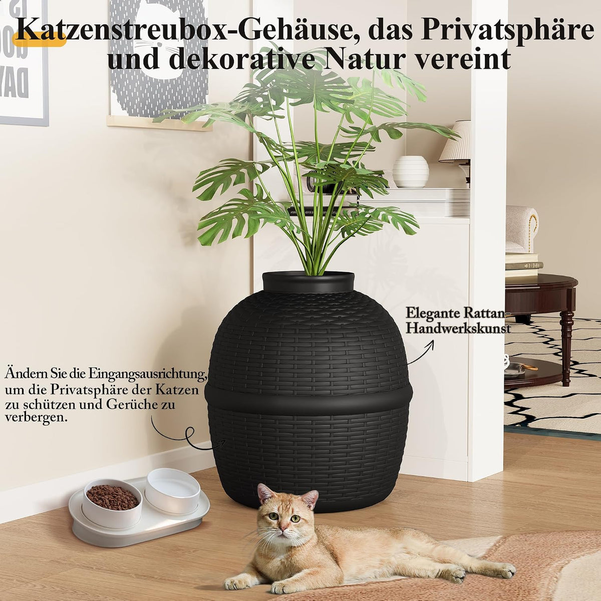 hidden litter box with faux plant, large cat, close-up detail