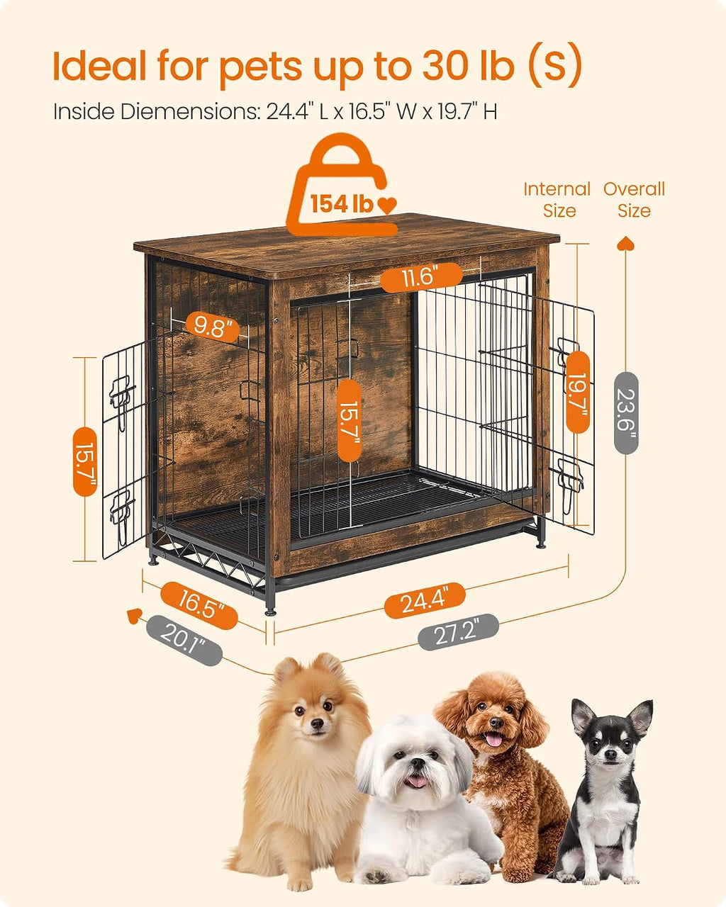 feandrea 27.2" dog crate furniture, indoor dog kennel on a desk or shelf