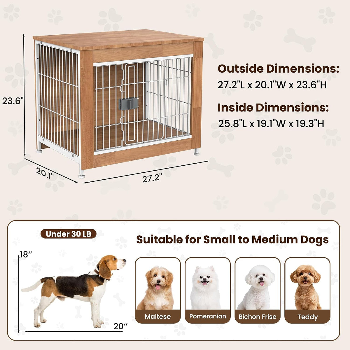 wooden dog crate furniture 27" for small to, close-up detail
