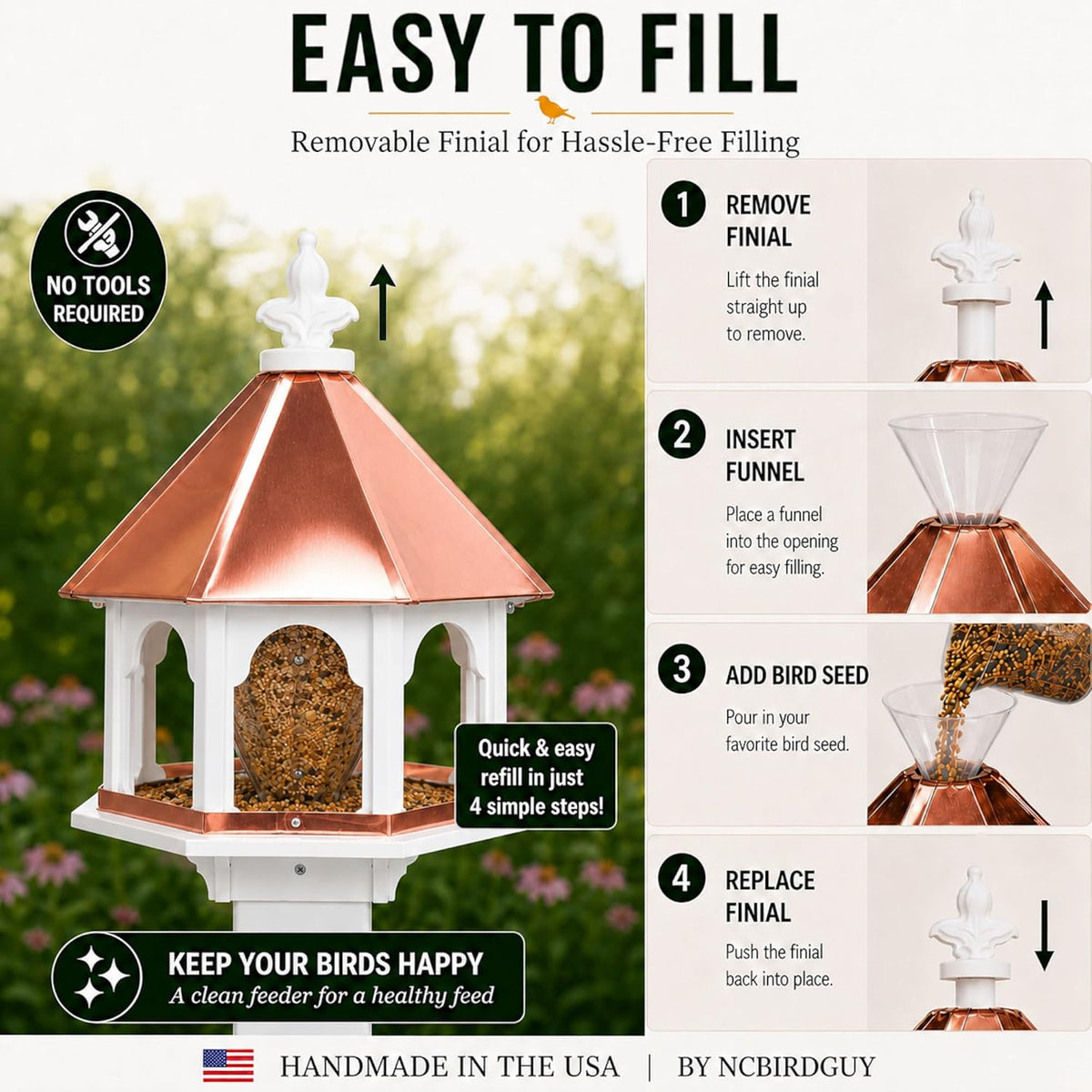 handmade copper roof large octagon bird feeder (sf18c), side view