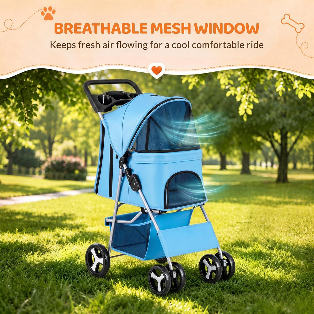zeny foldable pet stroller, cat/dog stroller with 4, front angle view