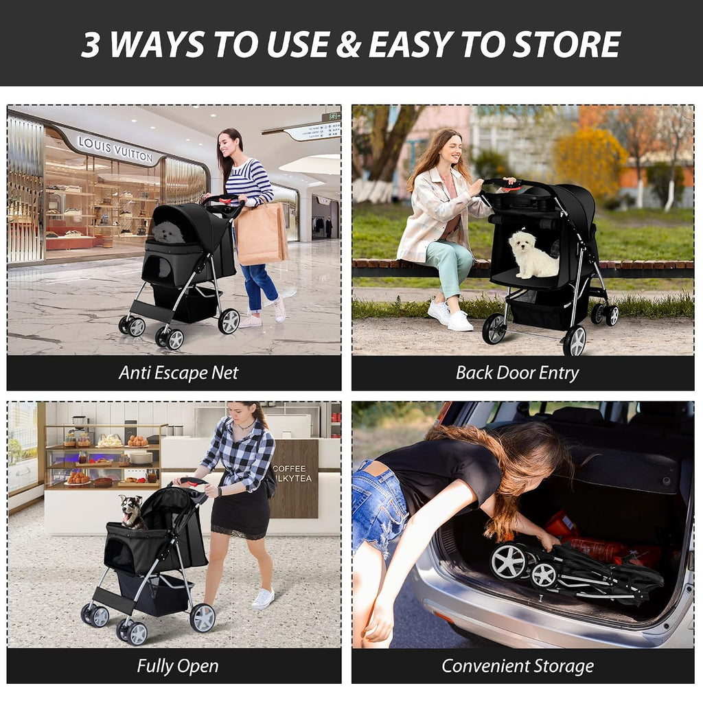 unisakey foldable 4-wheel pet stroller for dogs cats, front angle view