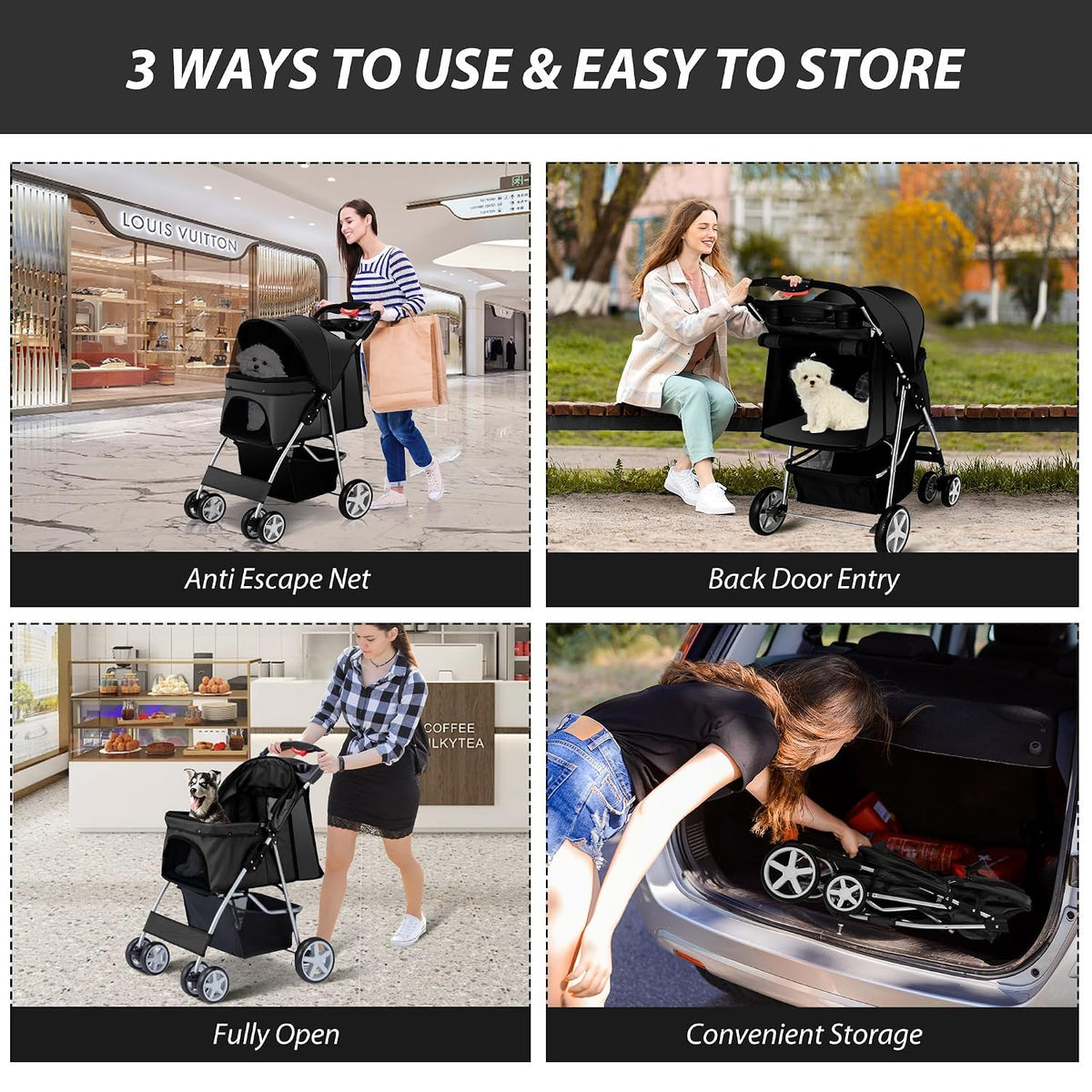 unisakey foldable 4-wheel pet stroller for dogs cats, front angle view