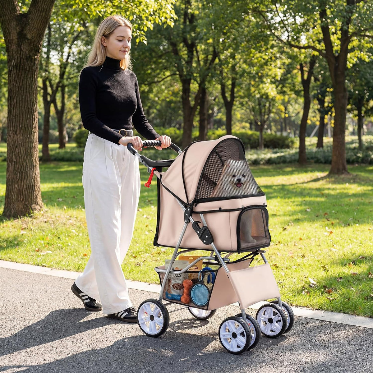 petsite 4 wheels pet stroller, foldable dog strollers shown in use