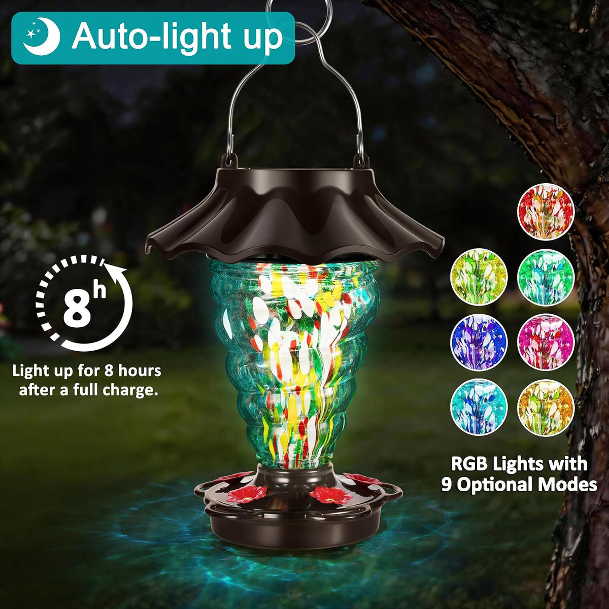 lujii solar hummingbird feeder for outdoor hanging, rgb, close-up detail