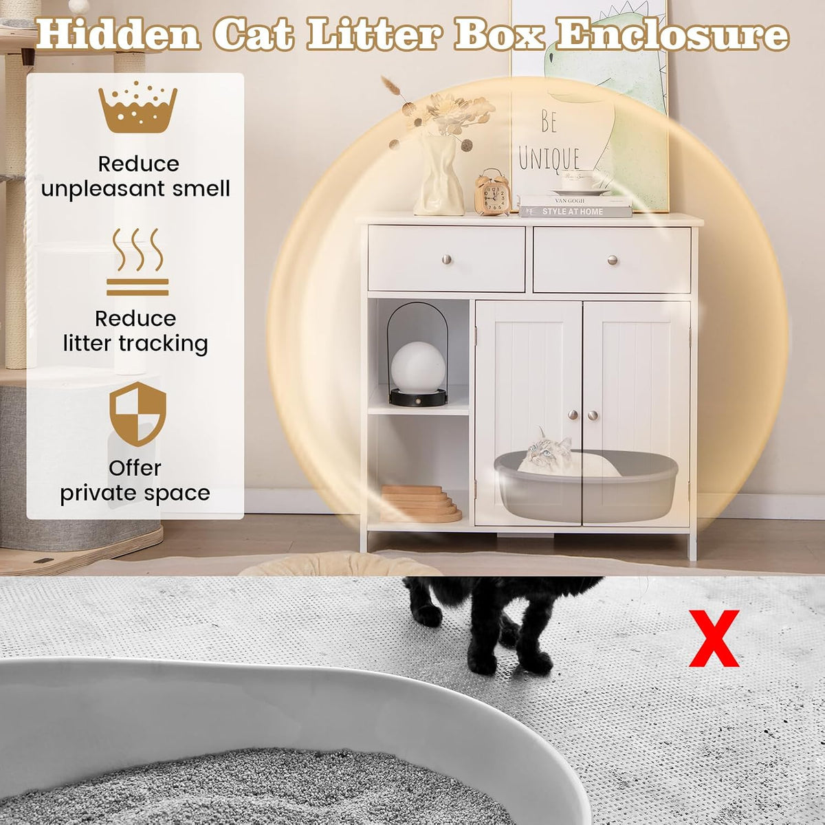 petsite white cat litter box enclosure, modern hidden showing dimensions