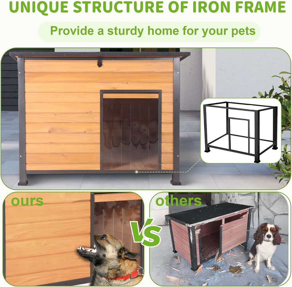 insulated dog house outdoor weatherproof, large wooden house, close-up detail