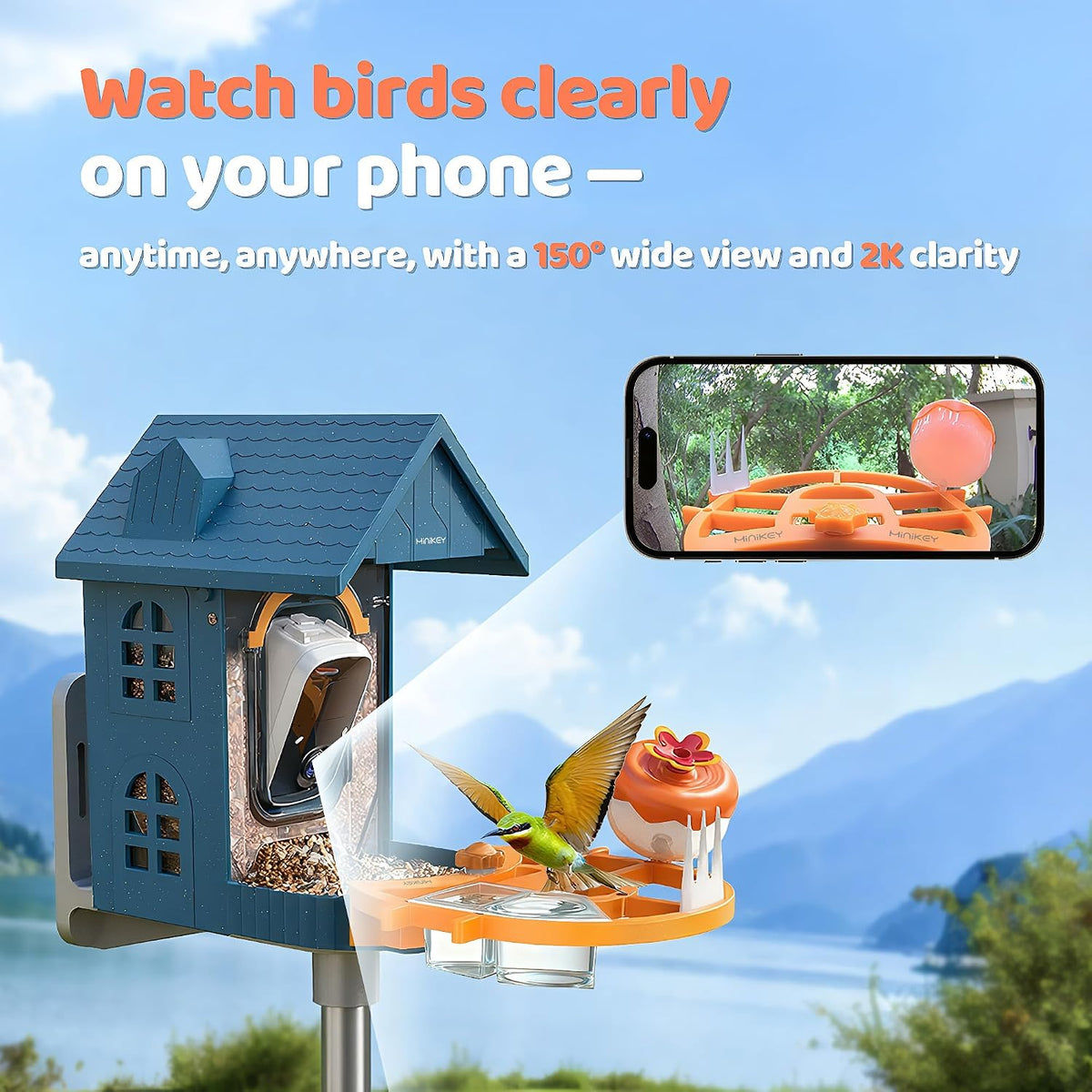 smart bird feeder camera solar powered,2k hd video shown in use
