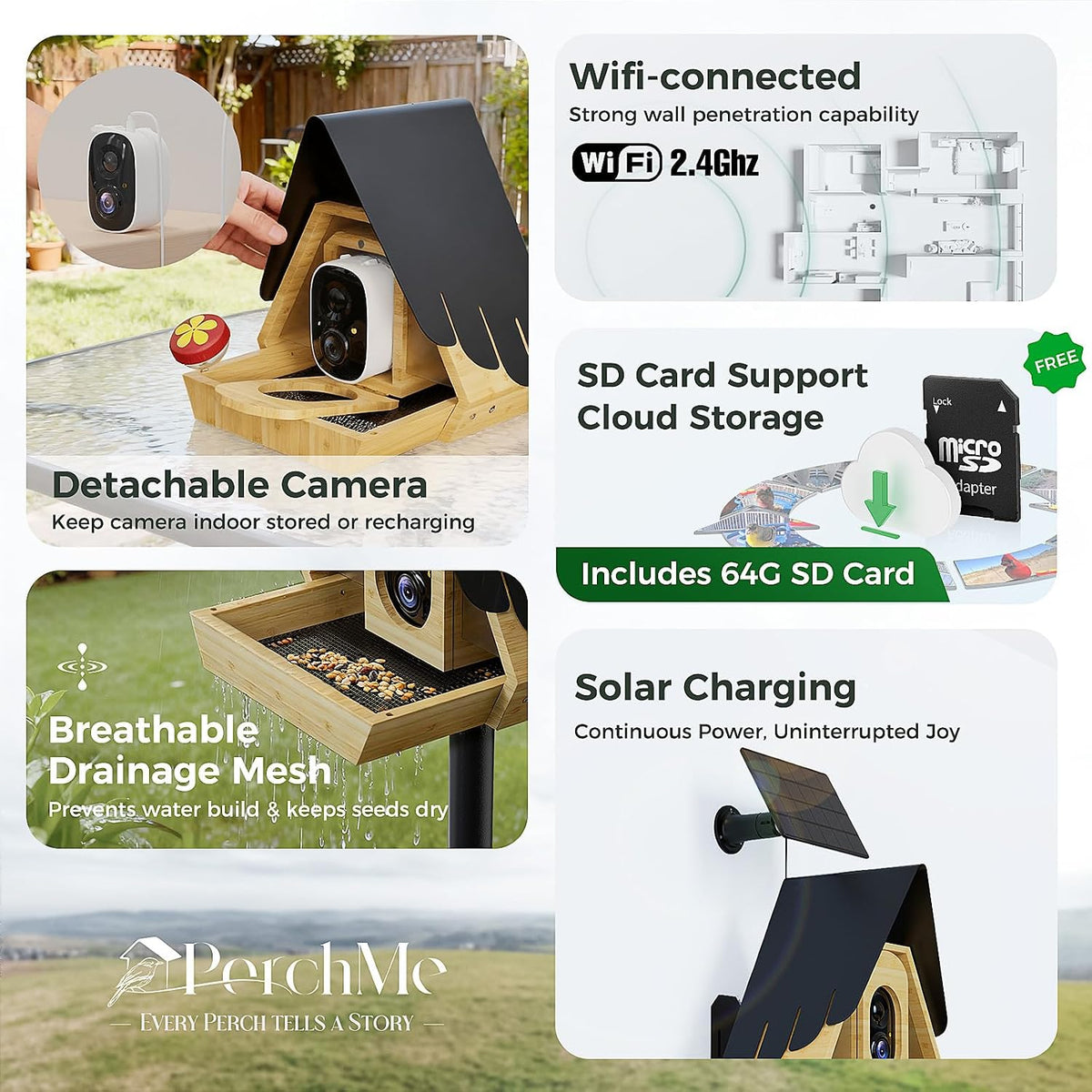 perchme® smart bird feeder with camera,2k hd solar, close-up detail