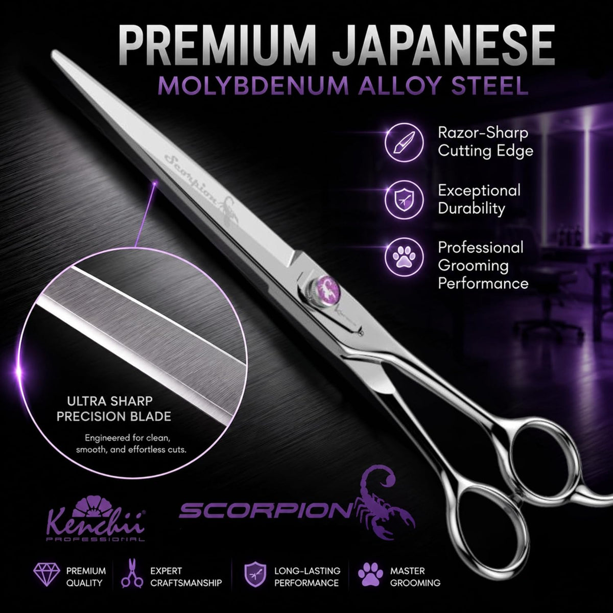 kenchii scorpion dog grooming scissors 8in straight, micro-serrated shown in use
