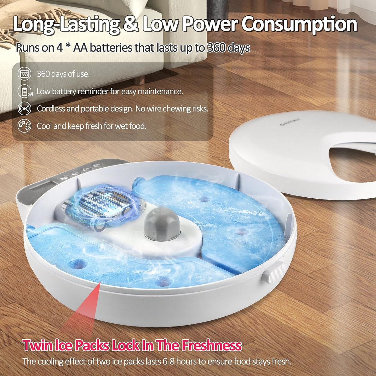 automatic cat feeder wet food, battery operated auto, close-up detail