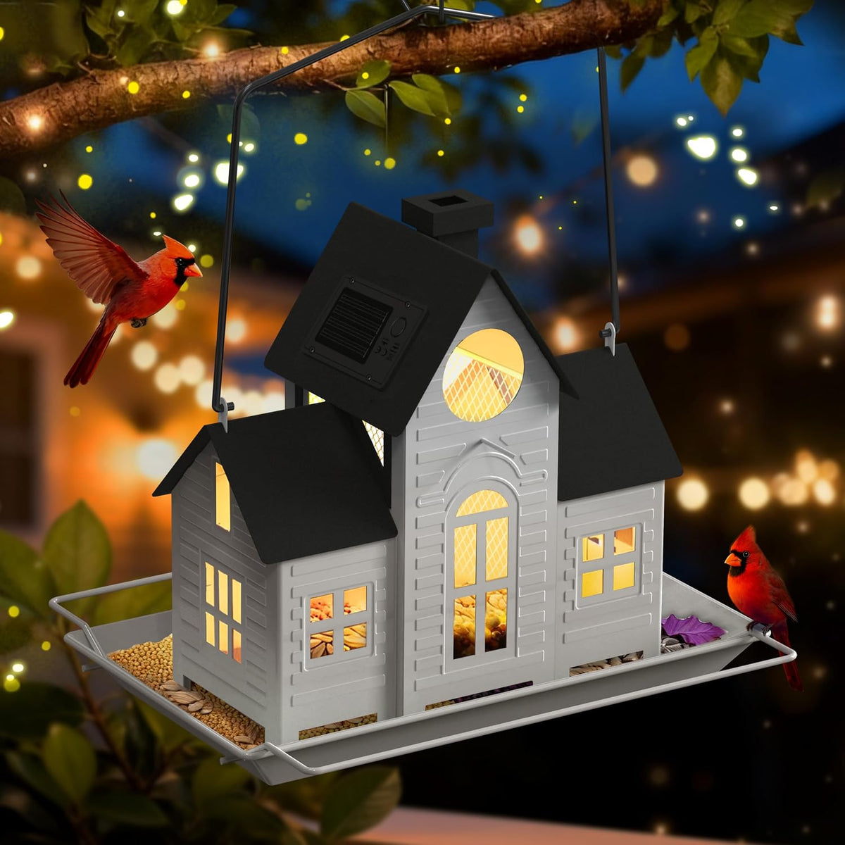 solar bird feeders for outdoors hanging,metal cardinal bird, side view