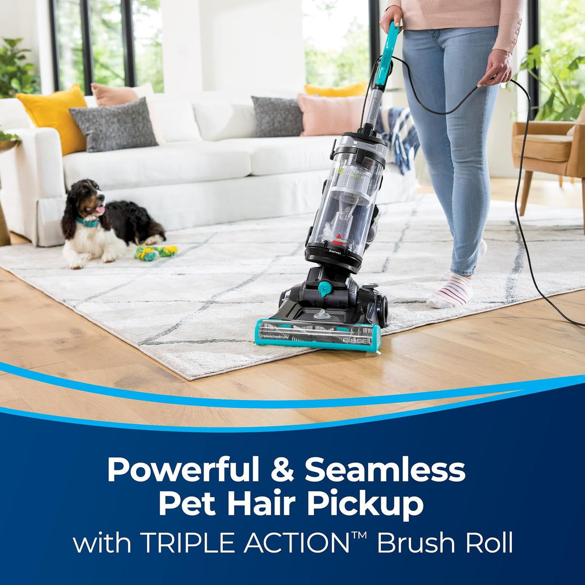 bissell cleanview swivel pet reach, quick release wand shown in use