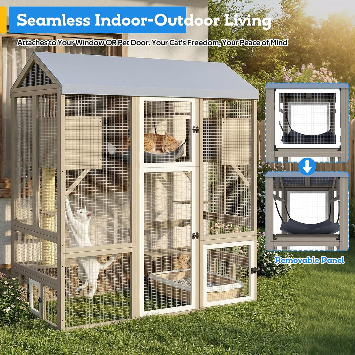 large walk-in catio outdoor cat enclosure with window showing dimensions