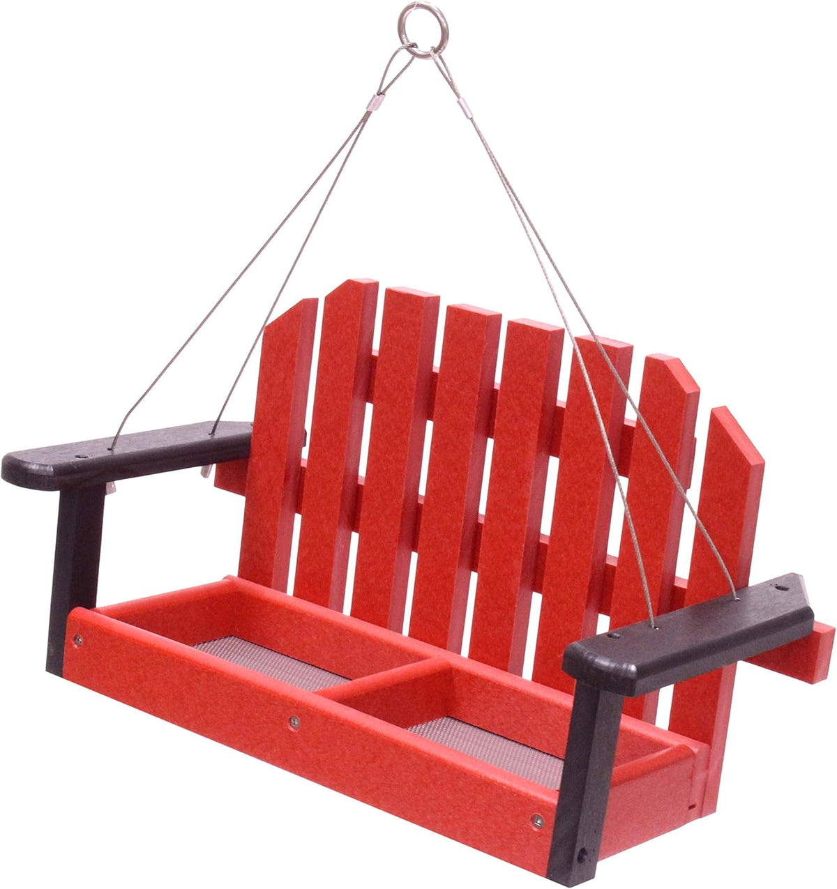 amishtoybox porch swing bird feeder, eco-friendly poly lumber shown in use