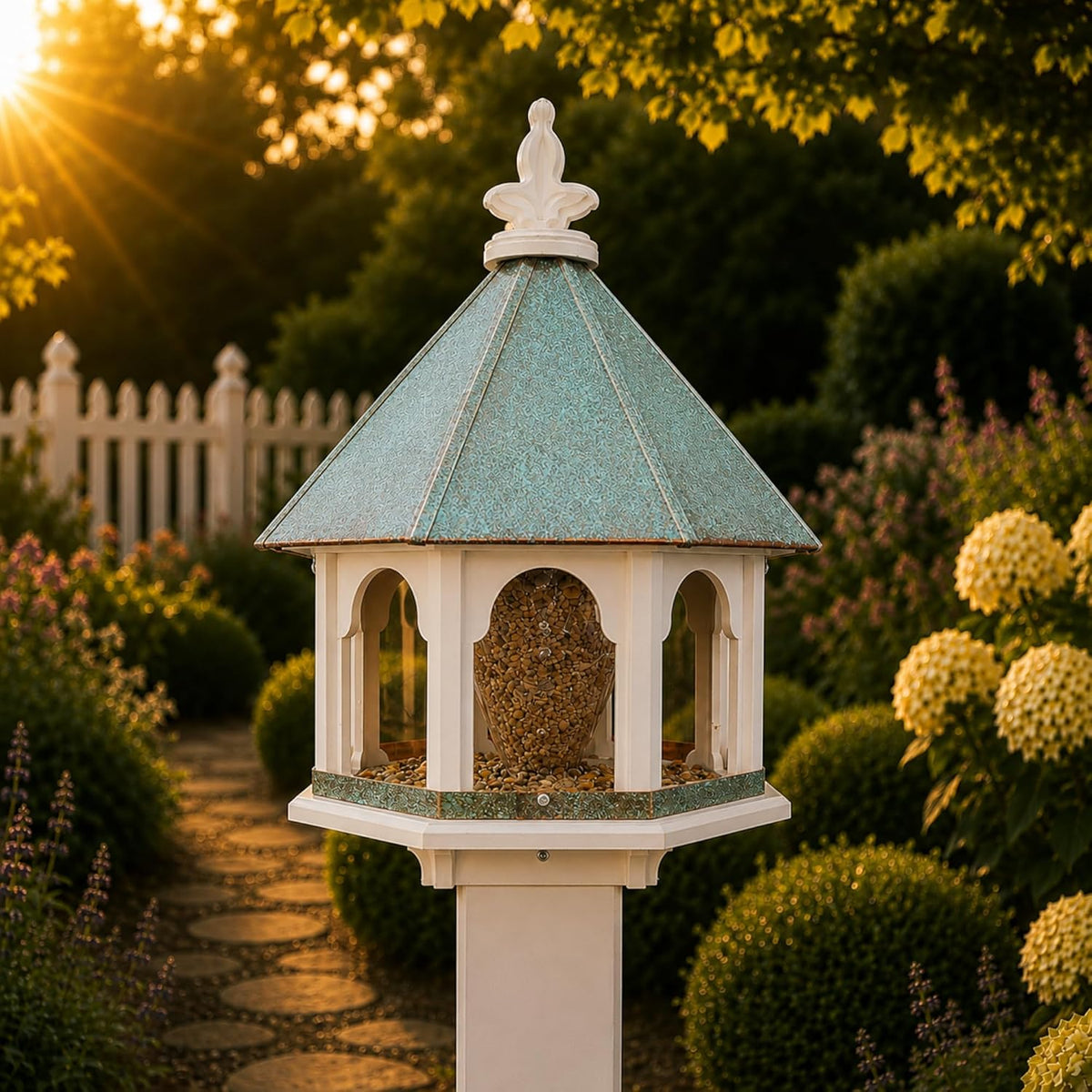 handmade patina copper roof octagon bird feeder (sbf8v) shown in use