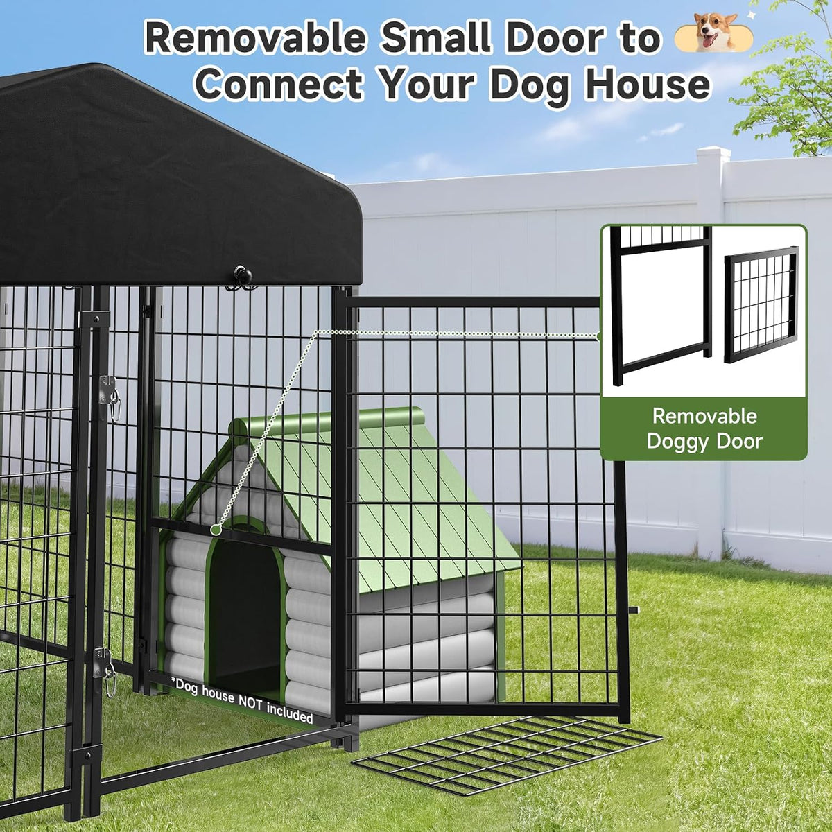 dog kennel outdoor, outside dog kennel with roof shown in use