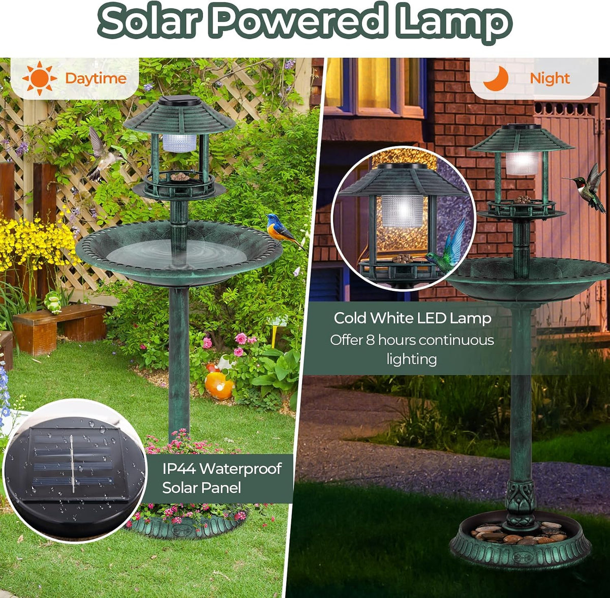 giantex 42 inch bird bath solar lighted, pedestal, close-up detail