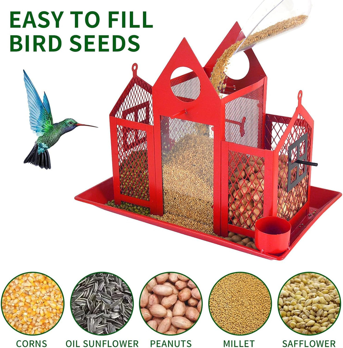solar bird feeders house for outside hanging, metal, side view