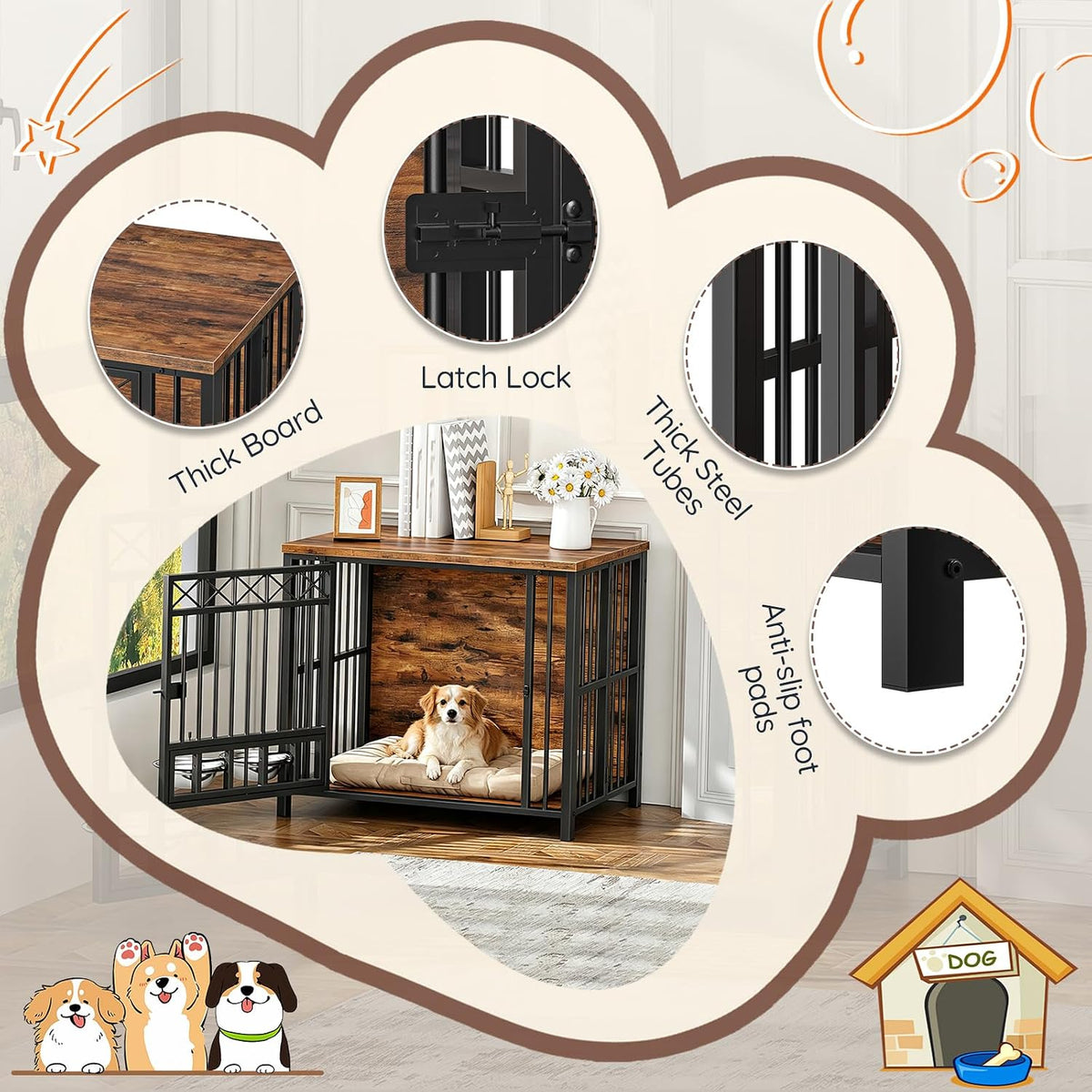 hoobro foldable dog crate furniture with 360° rotating, side view