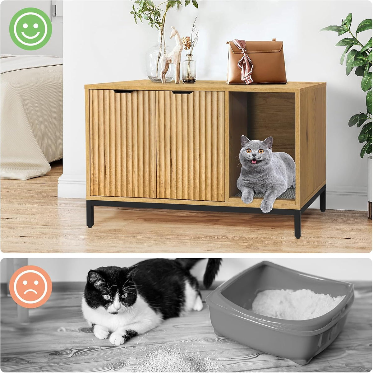 cat litter box enclosure, hidden litter box furniture shown in use