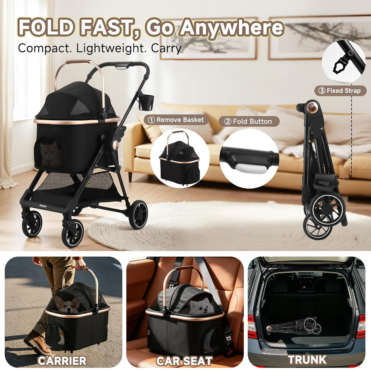 3-in-1 foldable pet stroller for small dogs &, close-up detail