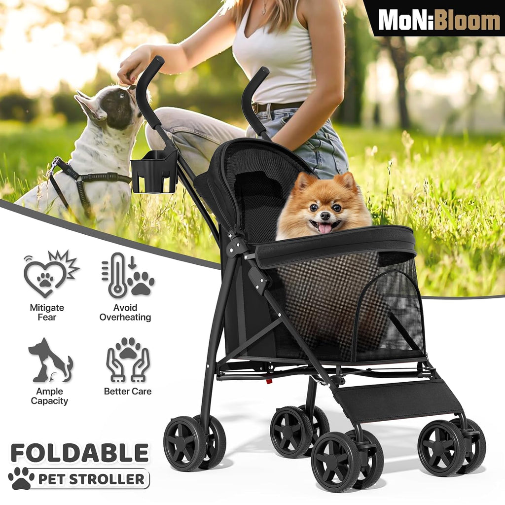 monibloom pet stroller for small/medium dogs and cats shown in use