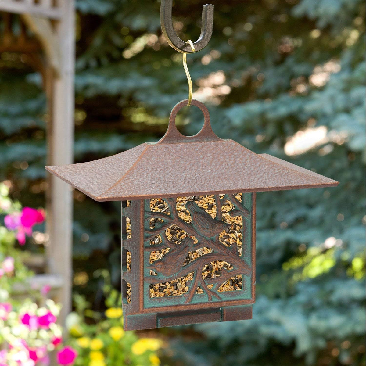 whitehall products nuthatch suet feeder, copper verdi, close-up detail