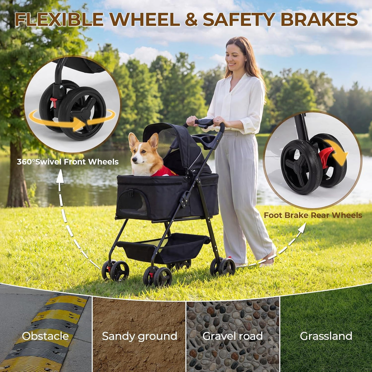 4-wheel pet stroller for small medium dogs cats, side view