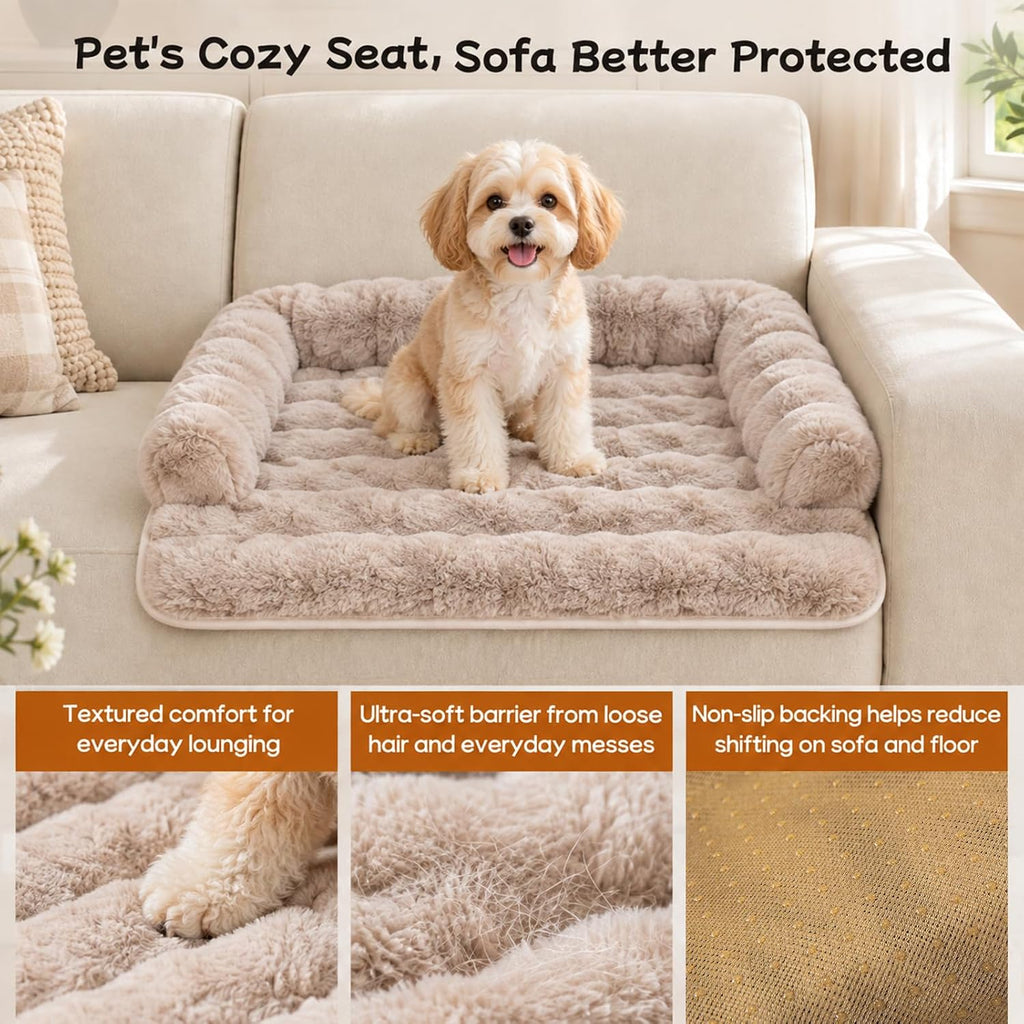 calming dog bed mat, fluffy plush couch cover, close-up detail