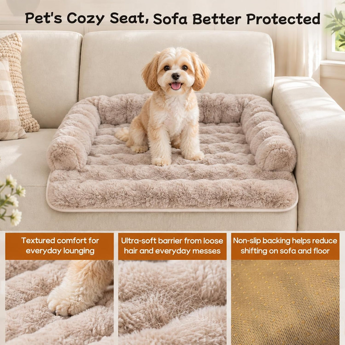 calming dog bed mat, fluffy plush couch cover, close-up detail