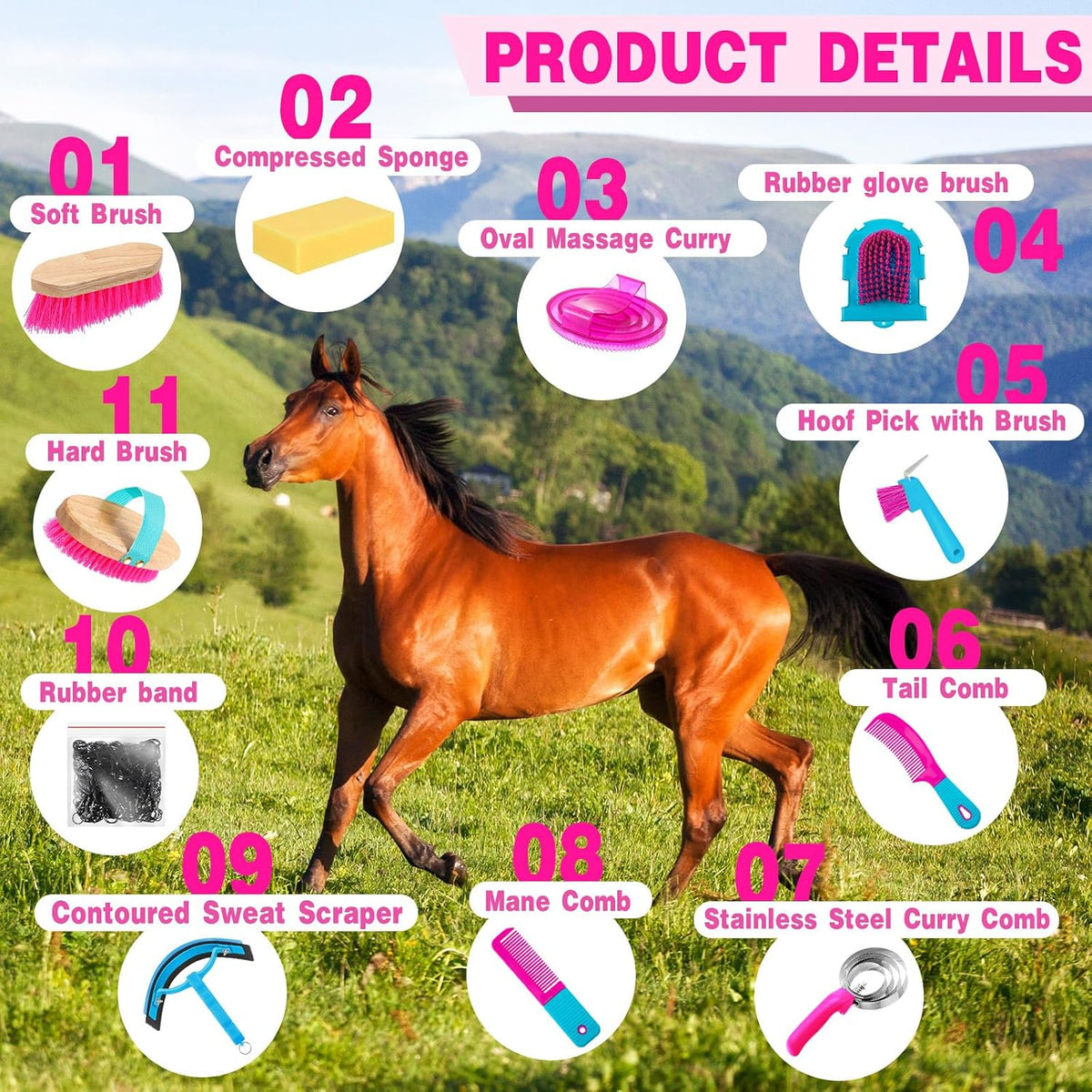 abbylike 12 pieces horse grooming kit equine care, close-up detail