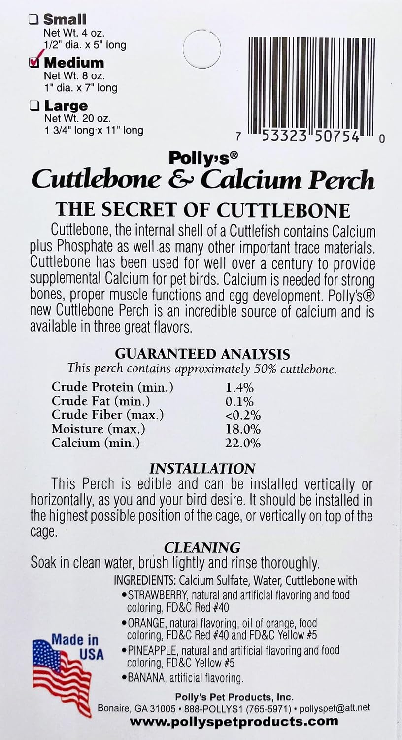 polly's edible cuttlebone calcium bird cage perch for showing dimensions