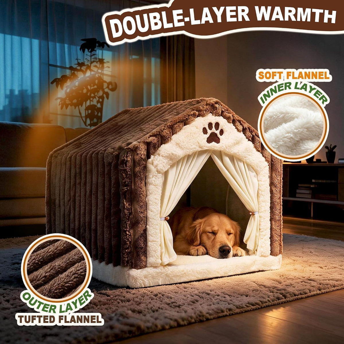 luxury dog house indoor, warm double-layer dog cave, close-up detail
