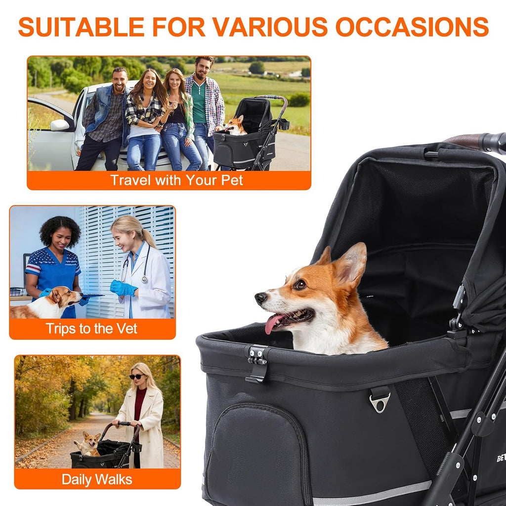 dog stroller with no-zip buckle canopy, fits 2, front angle view