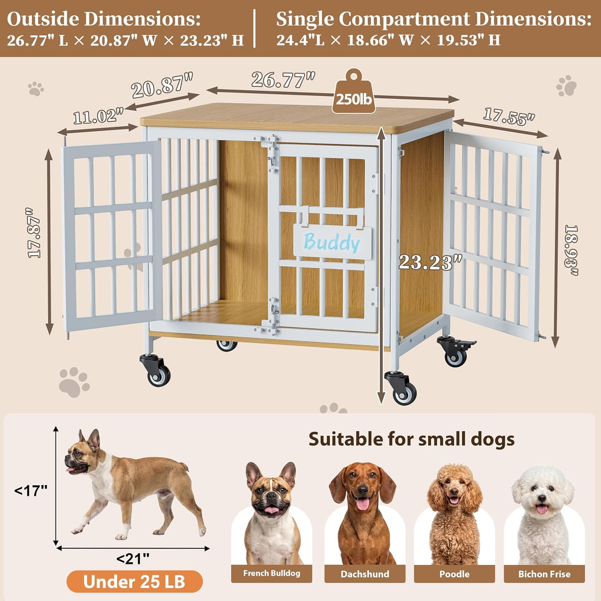 easycom 27in dog crate furniture with personalized name, front angle view