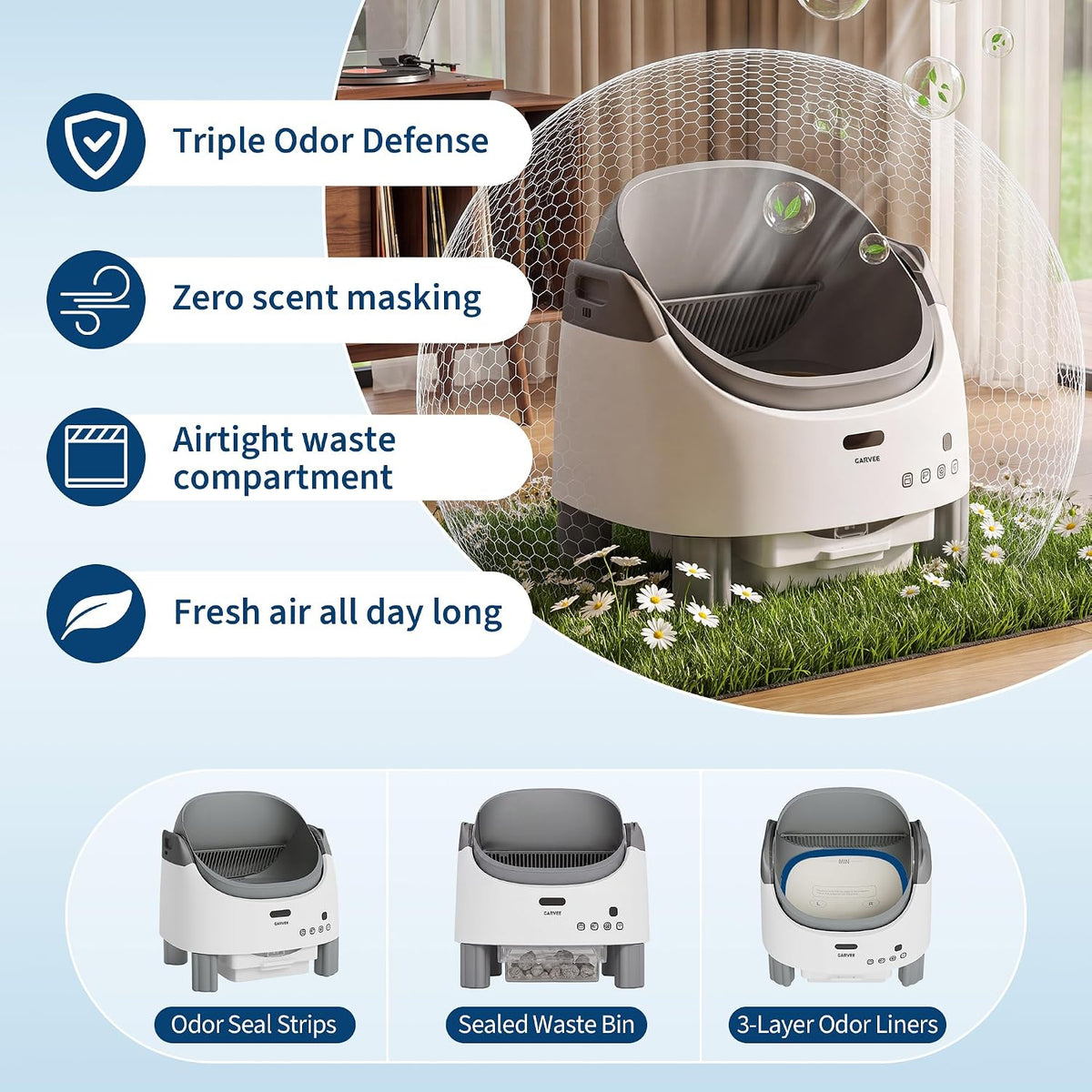 automatic self-cleaning cat litter box with app-controlled, side view