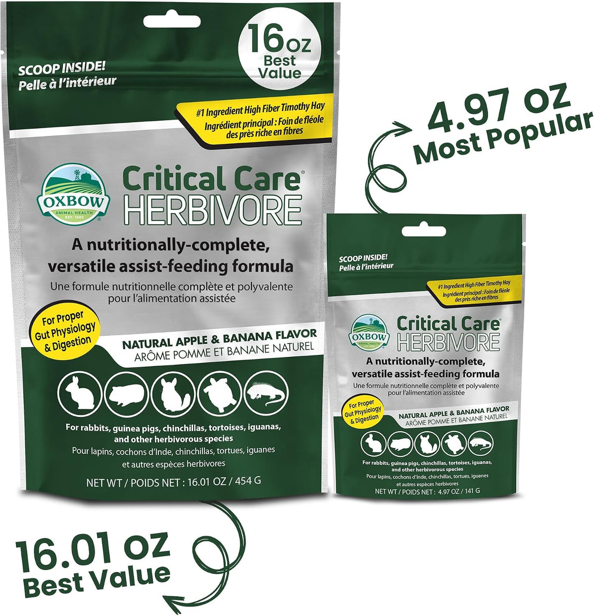 oxbow critical care herbivore small pet formula, apple, side view