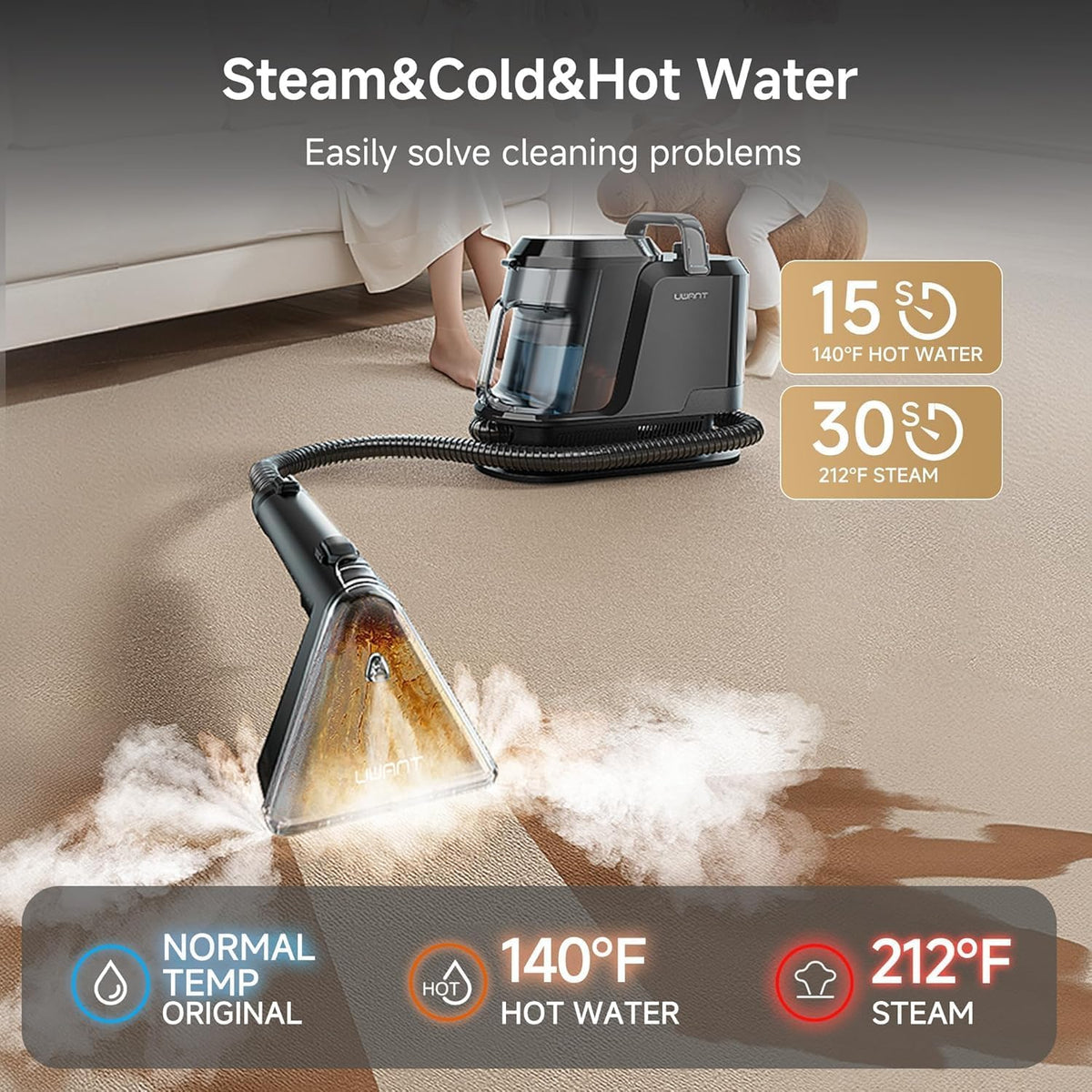 uwant carpet cleaner machine with steam&hot&cold water system shown in use