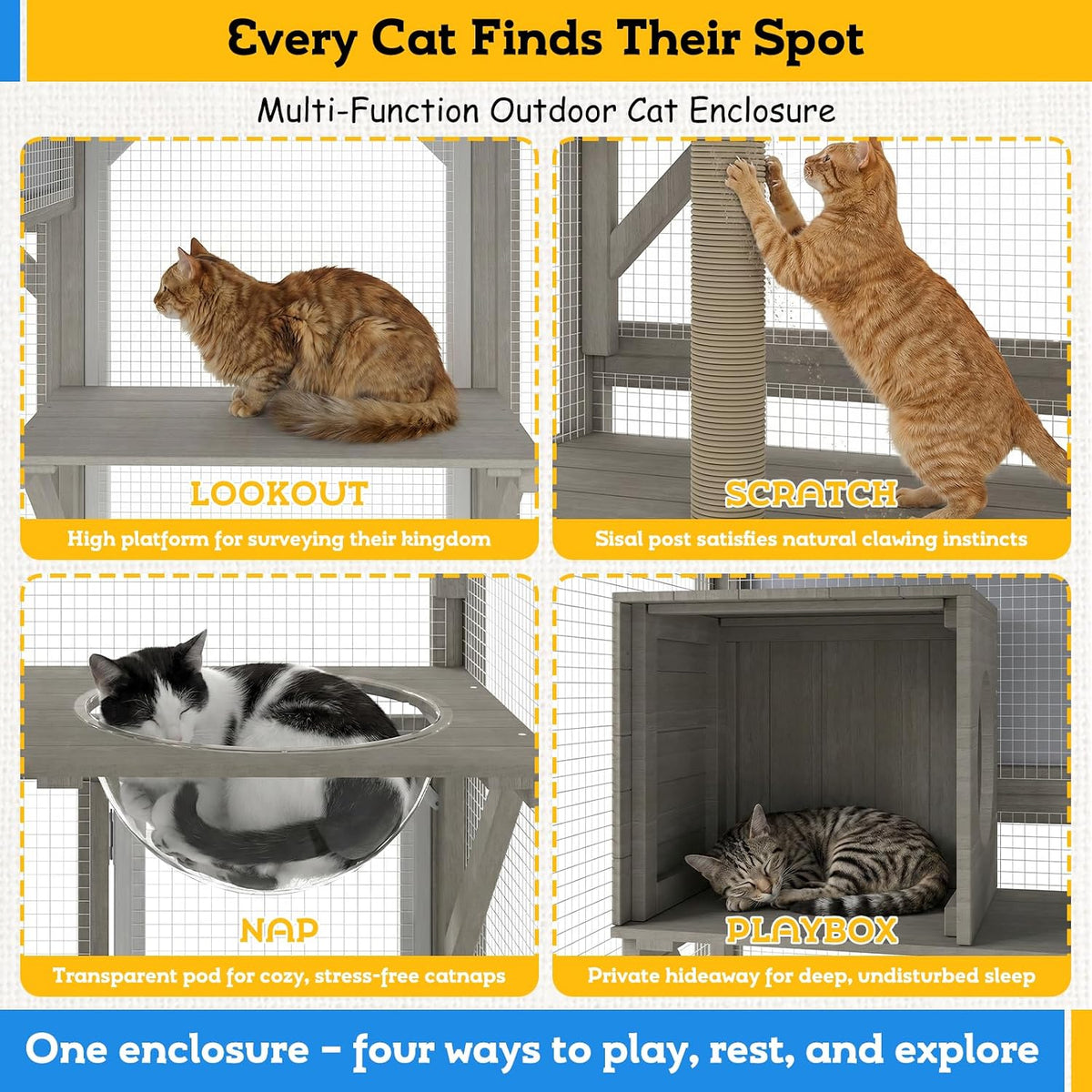 walk-in catio with storage cabinet, large outdoor cat, side view