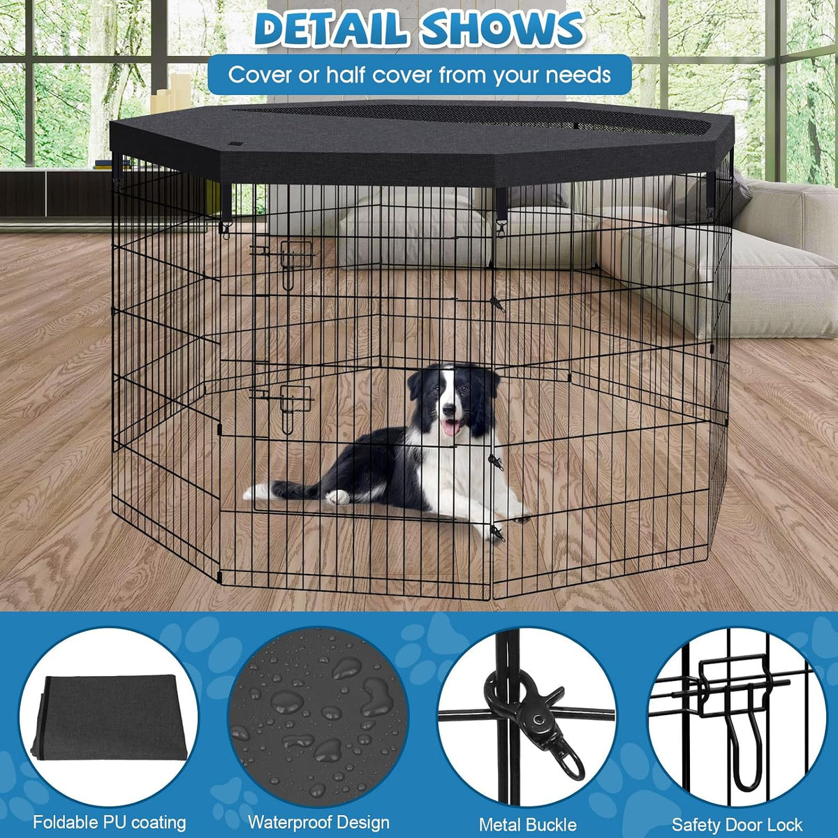 36"h dog playpen with top cover, 8 panel, close-up detail