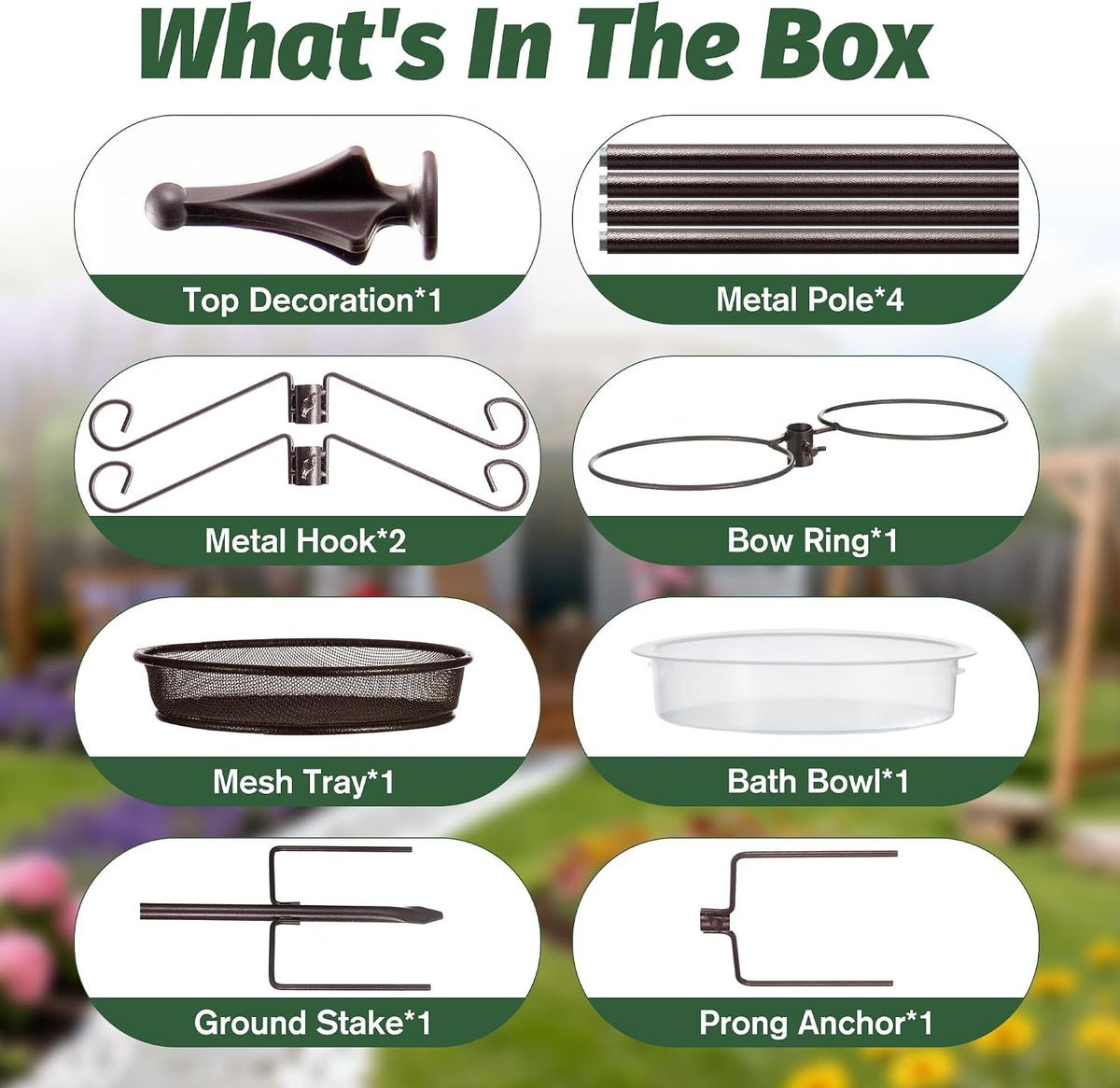 bird feeding station kit, 81-inch, 4-hook metal bird showing dimensions
